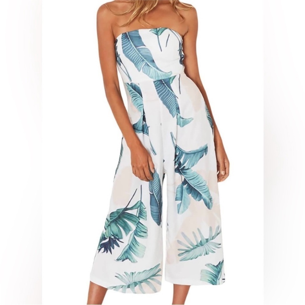 Women’s Palm Leaf Tropical Jumpsuit Stretch Romper Summer Vacation